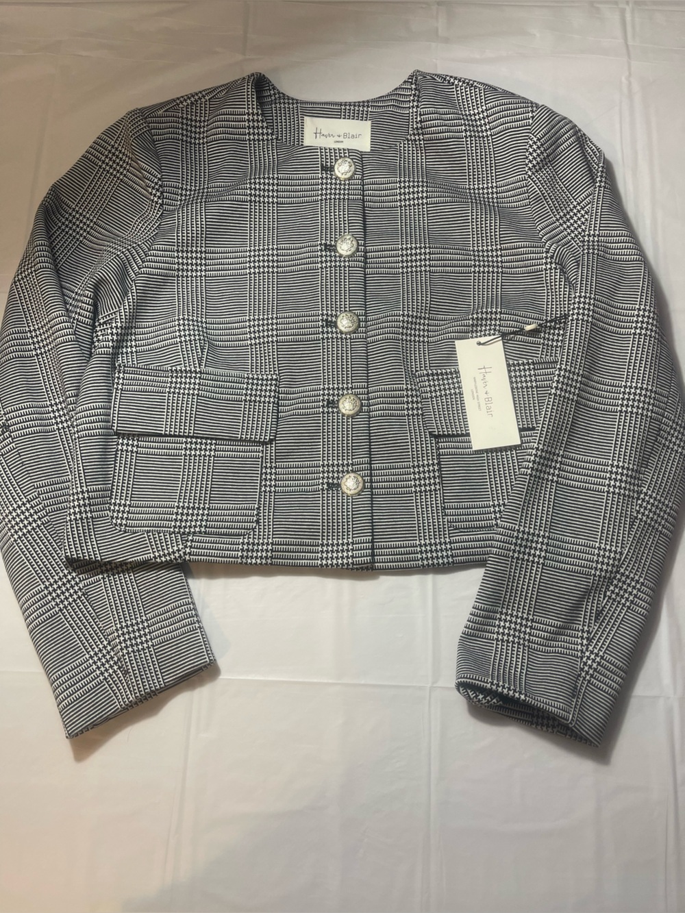 Haver & Blair Plaid Cropped Blazer with Silver Buttons - Black & I White